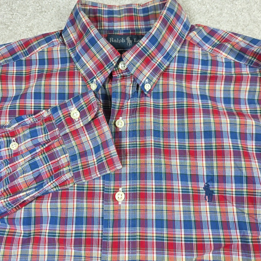 Ralph Lauren Button Down Shirt‎ Mens M Blue Red Plaid Classic Fit Long Sleeve